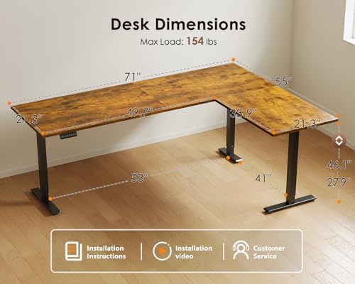 OffiGo 71 Inch Reversible L Shaped Electric Standing Desk, Rustic Brown