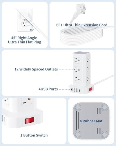 Extension Cord with Multiple Outlets, SMALLRT Flat Plug Power Strip Tower, Power Bars with USB 12 AC Outlets, 16.5FT Ultra Thin Extension Cord for Home Office, Overload Protection