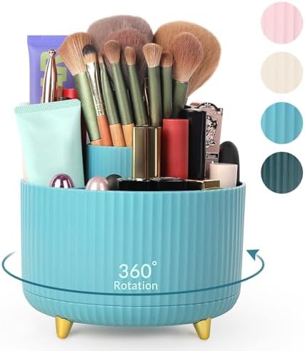 SKYDUE Makeup Organizer, Rotating Pencil Pen Holder for Desk, Dual-Purpose Desktop Organizer for Cosmetics & Pens, Makeup Brush Holder with 5 Slots, Pencil Cup for Office, Home