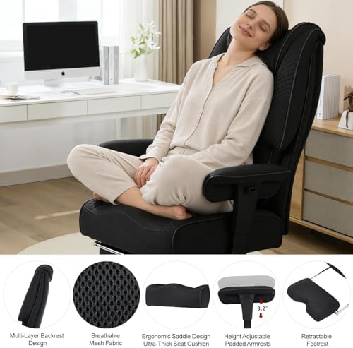 EXCEBET Big and Tall Office Chair 400lbs Wide Seat, Leather High Back Executive Office Chair with Lumbar Support, Ergonomic Chairs Padded Armrests & Thick Cushion (Mesh Dark Black)
