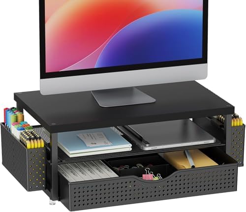gianotter Desk Organizers and Accessories, Monitor Stand with Drawer and 2 Pen Holder, Desktop Organizer Suitable for Offices and Dormitories (Matte Black)