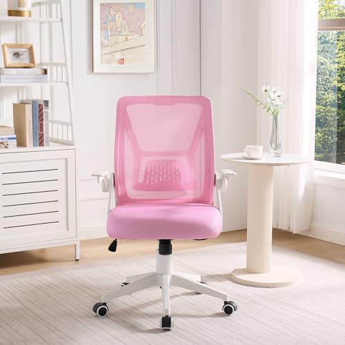 VECELO Mid-Back Swivel Ergonomic Office Chair with Adjustable Arms Mesh Lumbar Support for Computer Task Work, Pink