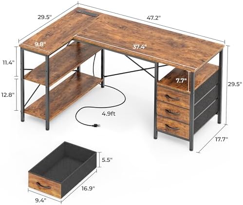 Huuger L Shaped Office Desk with Power Outlets & 3 Drawers