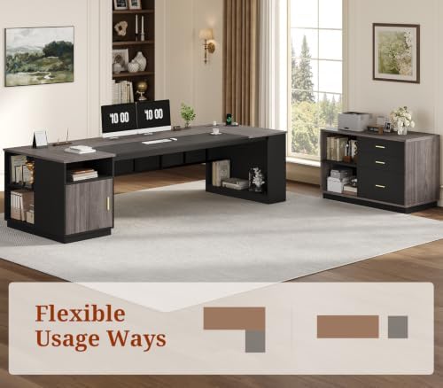 UPOSOJA 78.7" L Shaped Executive Desk with Lateral File Cabinet, Extra Large Office Desk with Drawers & Power Outlets, Modern Corner Computer Desk with Storage Shelves, Business Furniture, Grey