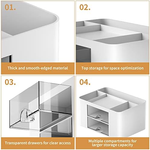 Marbrasse Pen Organizer with 2 Drawer, Multi-Functional Pencil Holder for Desk, Desk Organizers and Accessories with 5 Compartments + Drawer for Office Art Supplies (White)