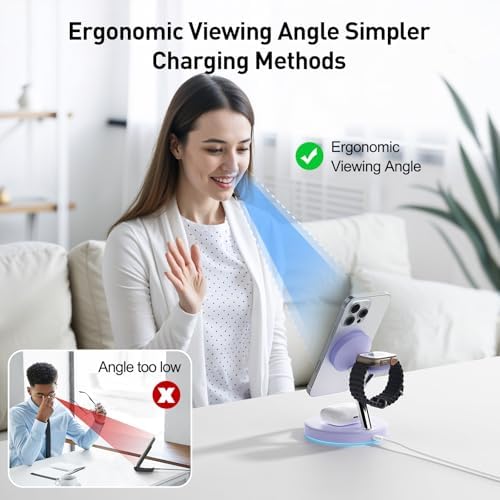 【Adjustable Blue Ambient Light】 Wireless Charger 3 in 1 for iPhone, Magnetic Charging Station for Apple Family,15W Fast MagSafe Charger Stand,for iPhone17-12-iWatch AirPods Series