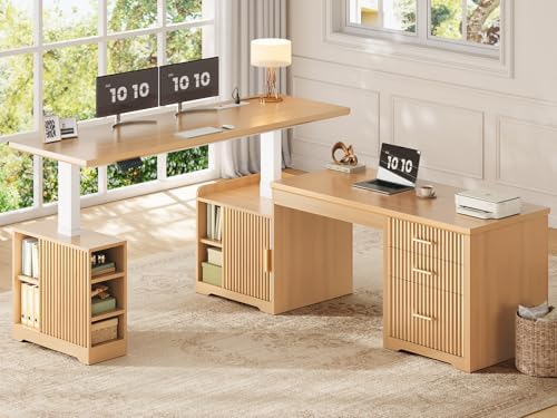 SEDETA Fluted L Shaped Electric Standing Desk, 63" x 67" Height Adjustable Home Office Executive Desk with Drawers and Shelves, Two Person Desk with Power Outlet for Home Office, Oak
