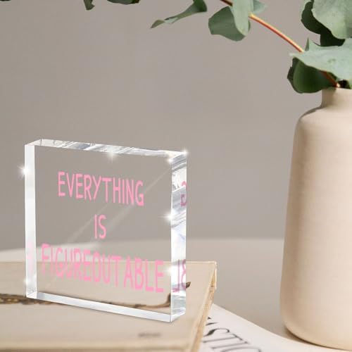 Pink Office Decoration - Motivational Gifts For Women - Everything Is Figureoutable - Desk Accessories Acrylic Square Sign - Suitable For Colleagues, Friends And Relatives 4x4 Inches