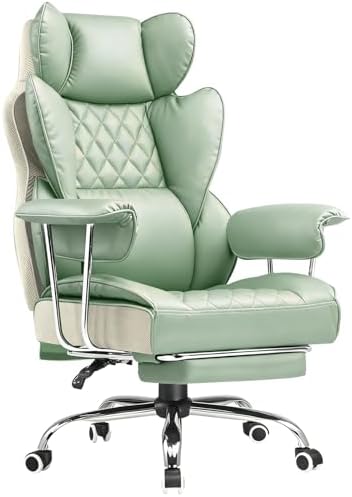COMHOMA Big and Tall Office Chair, High Back Leather Gaming Chair with Footrest, Executive Ergonomic Office Chairs with Pocket Spring Lumbar Support and with Outward Fixed Soft Armrests