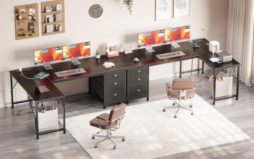 Furologee 55" L Shaped Desk with Power Outlets & USB-C Port, Reversible Corner Computer Desk with File Drawers, Work Study Gaming Table for Home Office, Dorm, Black