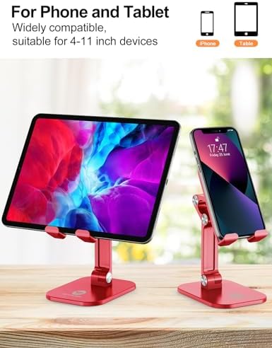 OCYCLONE Phone Stand, Adjustable Height and Angle Foldable Cell Phone Stand Holder for Desk, Taller iPhone Stand Compatible with 4.7"-13" Smartphones iPad Tablet, Red