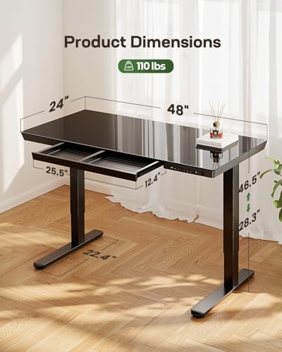 Marsail 48 x 24 inch Glass Standing Desk with Drawer Storage, Matte Black