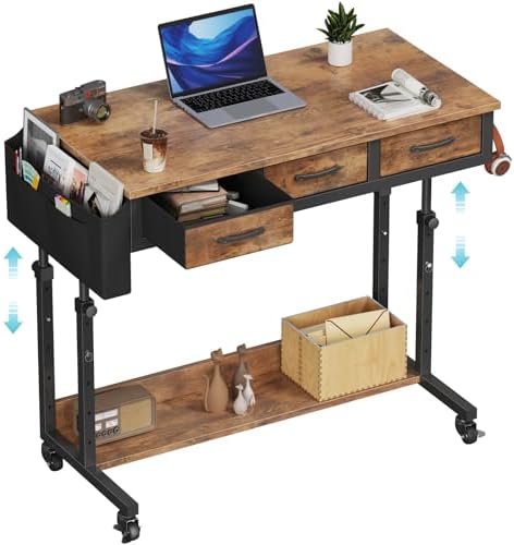 WINAZ Rolling Standing Desk Adjustable Height with Drawers on Wheels, 40 Inch Portable Mobile Stand Up Computer Desks for Bedroom Home Office, Couch Sofa Side Laptop Table with Storage, Rustic Brown