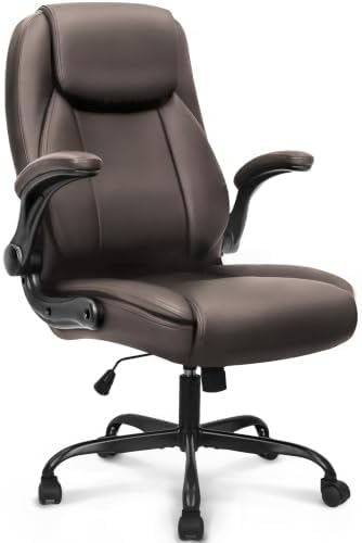 NEO CHAIR Office Desk Chair, High Back PU Leather with Flip-up Arms, Brown