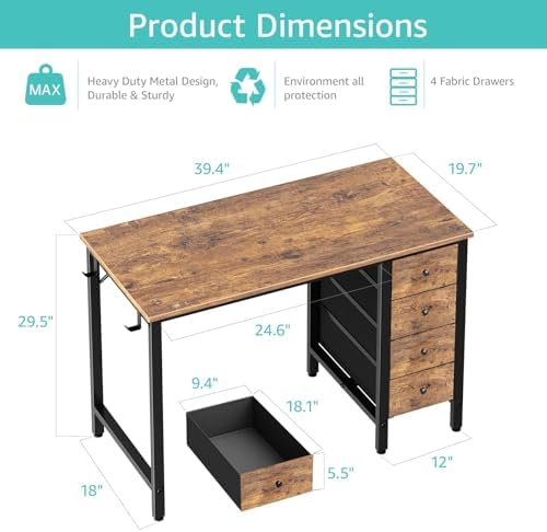Lufeiya 40 inch Computer Desk with 4 Fabric Drawers, Kids Student Reversible Small Desks for Home Office Small Space, Work PC Desk Table for Bedroom, Rustic Brown
