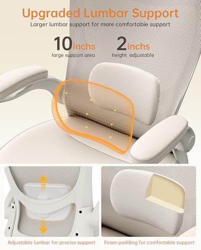 MUXX.STIL Office Chair, PU Leather Ergonomic Desk Chair with Adjustable Lumbar Support and Flip up Armrest, Breathable Mesh Computer Chair for Home Office, Khaki