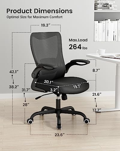 MUXX.STIL Office Chair, Ergonomic Desk Chair with Adjustable Lumbar Support and Flip up Armrest, Breathable Mesh Computer Chair for Home Office, Black