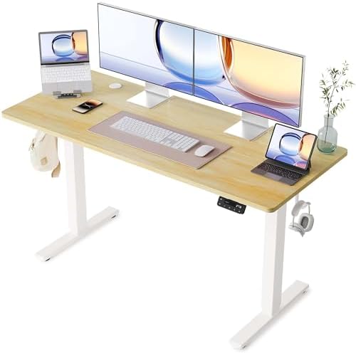 YIHAYO Electric Standing Desk, 55 x 24 Inches Stand Up Desk with Splice Board, Adjustable Height Desk, Computer Desk for Home Office, White Frame/Natural Top