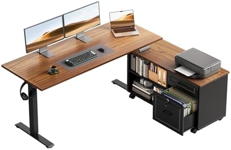 OffiGo 48" L Shaped Electric Standing Desk with Cabinet Sets, Walnut/Black