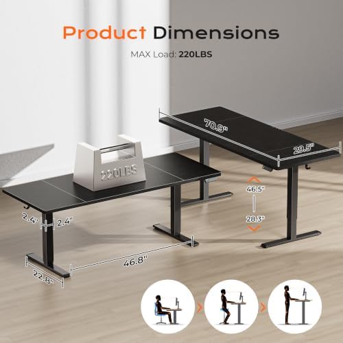 Huuger 71 x 30 Large Electric Standing Desk, Height Adjustable Computer Desk, 29.5" Deep Desktop, Stand up Gaming Office Table with 2 Hooks, 3 Preset Heights, for Home Office, Black