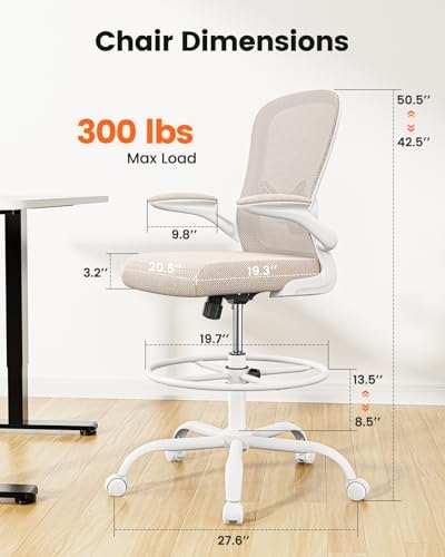 ErGear Drafting Chair,Tall Office Chair with Flip-Up Armrests, High Desk Chair Adjustable Height and Adjustable Footrest Ring, Ergonomic Standing Desk Chair with Lumbar Support, Khaki,10 Pack