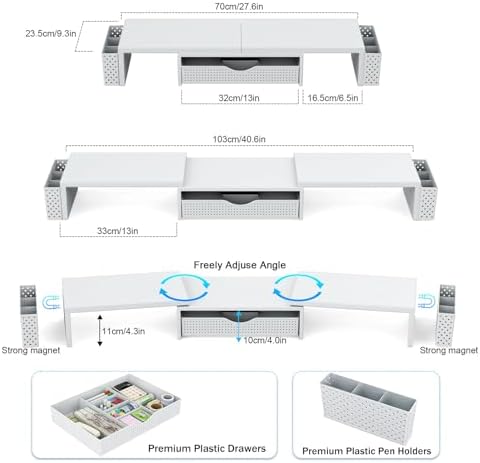 Spacrea Metal Desk Organizers and Accessories, Dual Monitor Stand Riser with Drawer and 2 Pen Holders, Desk Accessories & Workspace Desktop Organizers for Office Supplies (White)