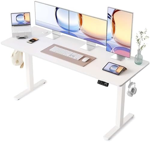 YIHAYO Electric Standing Desk, 63 x 24 Inches Stand Up Desk with Splice Board, Adjustable Height Desk, Computer Desk for Home Office, White Frame/White Top
