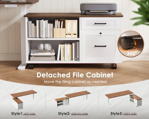 OffiGo 63" L Shaped Electric Standing Desk with Cabinet Sets, Walnut/White