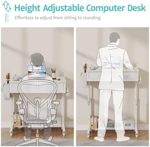WINAZ Small Rolling Standing Desk with Drawers & Storage, 32 Inch Height Adjustable Desk on Wheels for Teachers, Students, Portable Mobile Workstation for Home Office, Small Spaces, Sewing & Crafts