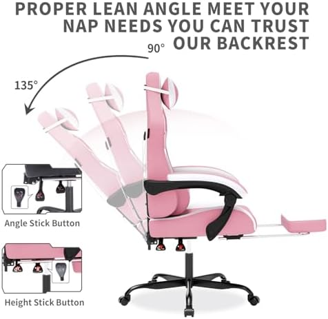 Gaming Chair with Massage,Ergonomic PC Gaming Chair with Footrest Comfortable Headrest and Lumbar Support,High Back Game Chair PVC Leather,300LBS (Pink)