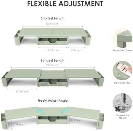 OPNICE Desk Organizers and Accessories, Dual Monitor Stand Riser with Drawer and 2 Pen Holders, Desk Shelf Computer Racks for Office Workspace Organizers, Desktop Organization (Sage Green)