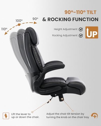 550LBS Big and Tall Office Chair for Heavy People,Ergonomic Office Chair with Padded Flip-Up Arms and Adjustable Lumbar Support,High Back Executive Leather Desk Chair with Rocking Function