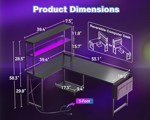 AODK L Shaped Desk Gaming Desk with LED Light & Power Outlet