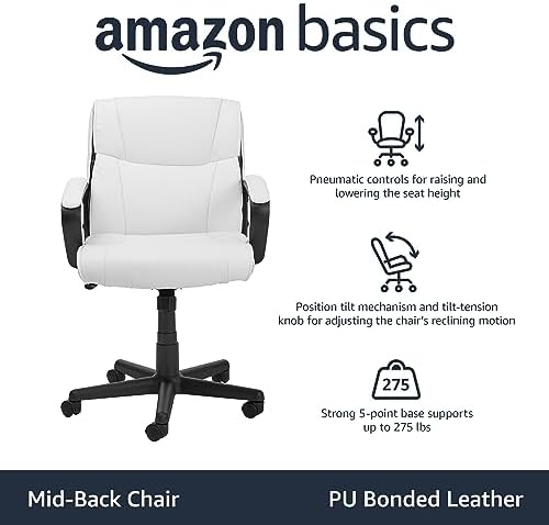Amazon Basics Office Task Chair with Adjustable Height, 360° Swivel, Padded Armrests, Mid-Back, 275 Pound Capacity, BIFMA Certified, 24.2"D x 24"W x 38.6"H, White Faux Leather