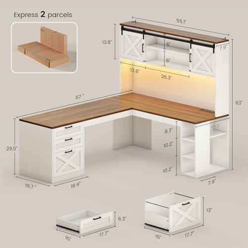 SEDETA 67" Farmhouse L Shaped Desk with Hutch, White+Brown