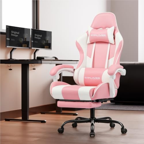 GTPLAYER Gaming Chair, Computer Chair with Footrest and Lumbar Support, Height Adjustable Game Chair with 360°-Swivel Seat and Headrest and for Office or Gaming (Faux Leather, Pink)