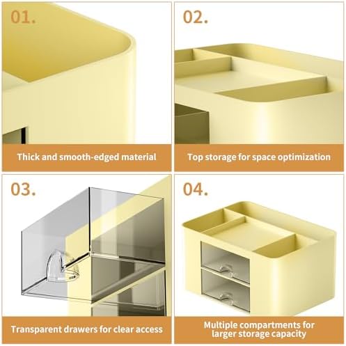 Marbrasse Pen Organizer with 2 Drawer, Multi-Functional Pencil Holder for Desk, Desk Organizers and Accessories with 5 Compartments + Drawer for Office Art Supplies (Yellow)
