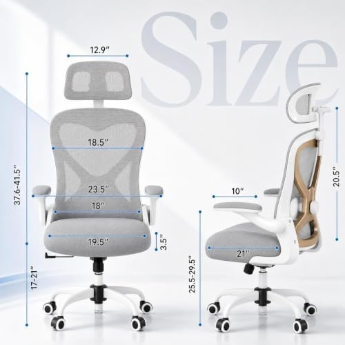 Home Office Desk Chairs, Ergonomic Office Chair with Lumbar Support & 3D Headrest, Computer Desk Chair with Flip-up Armrests, Perfect for Office or Study, Gray/Gold