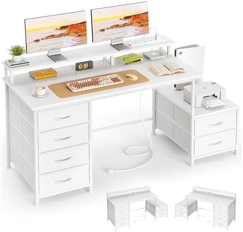 52 Inch Office Desk with 6 Drawers and Printer Space for Storage, Reversible Computer Desk with Monitor Stand & Power Outlets, Home Office Desks, White