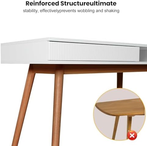 Artswish White Wood Desk with Drawer, 42" Mid Century Modern Writing Desk