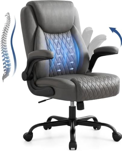 GTPOFFICE Executive Office Chair with Comfortable Lumbar Support, Ergonomic Gaming Chair with Flip-up Armrests & Zoned Pressure-Relief Cushion, Comfy PU Leather Desk Chair, Grey