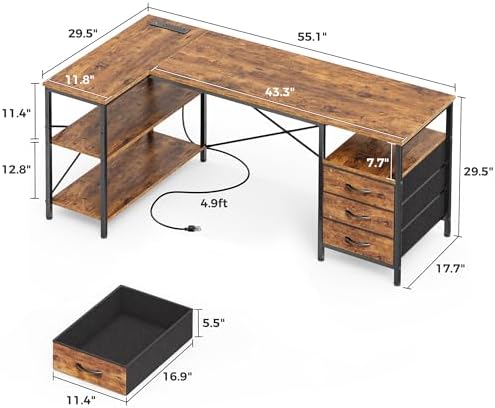 Huuger L Shaped Office Desk with Power Outlets & 3 Drawers