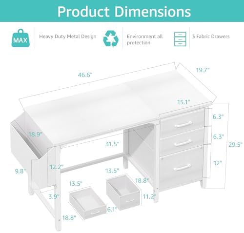 Lufeiya White Desk with File Drawers Cabinet, 47 Inch Reversible Computer Desk with Fabric Filing Cabinet for Bedroom Small Space Home Office, Modern Writing Table PC Desks, White