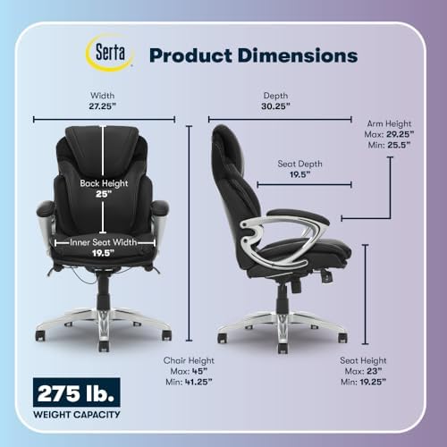 Serta Bryce Executive Office Chair, Ergonomic Computer Desk Chairs with Patented AIR Lumbar Support, Comfy Body Pillows, Height Adjustable, Swivel Base with Wheels, Bonded Leather, Black