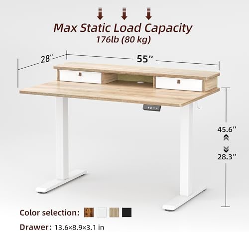 TIQLAB Standing Desk with Two Drawers, Stand Up Standing Desk Adjustable Height, Electric Sit Stand Table with Storage Shelf and Splice Board, 55 * 28 inch, Maple