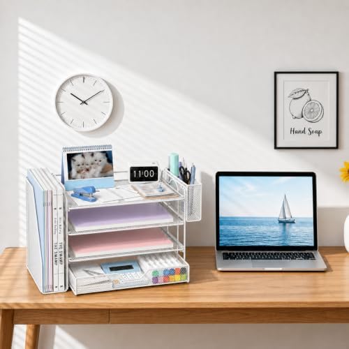 OPNICE Desk Organizers and Accessories, 4-Tier Desktop File Organizer with Drawer and Pen Holders, Office Desk Accessories Workspace Organizers for Office Supplies (Soft White)