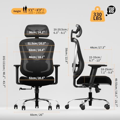 HOLLUDLE Ergonomic Mesh Office Chair - 3D Adjustable Lumbar Support & 3D Armrests, V-Shaped Back, Adjustable Desk Chair for Office & Home, Black
