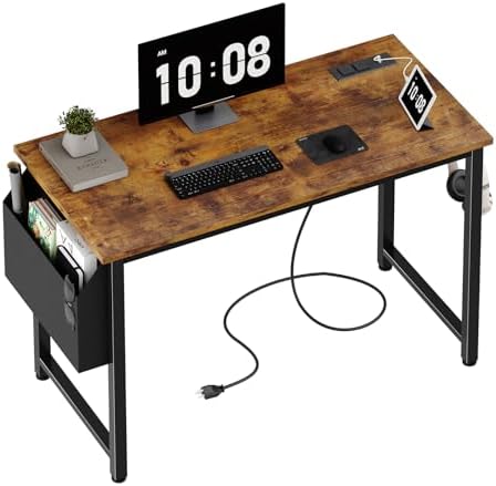 Lufeiya 40 inch Computer Desk with Power Outlet, 39 inch Teen Study Table Home Office Work Writing Desk with Charging Station Outlets Built in, Rustic Brown