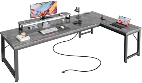 PRAISUN 61" L Shaped Computer Desk, Power Outlets, Monitor Stand, Grey