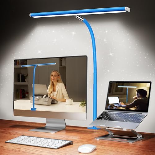Airlonv LED Desk Lamp with Clamp, 17" Stepless Dimming Light, Blue